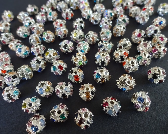 6mm Brass & Rhinestone Round Beads, Silver and Mixed Color Rhinestone Beads, Round Rhinestone Beads, Colorful Sparkly Rhinestone Bead