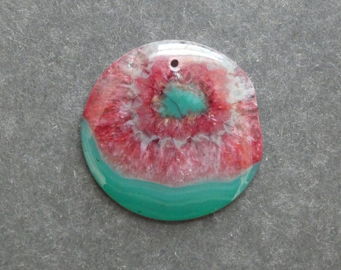 43x5mm Natural Crackle Agate Pendant, Gemstone Pendant, Green & Red, Dyed, Large Round Polished Pendant, One of a Kind, Only One Available