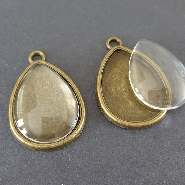 25x18mm Pear Alloy Pendant Setting with Half Pear Glass Cabochon, 32.5x22mm Overall Size, Round Setting, Bronze Colored Metal Setting, Glass