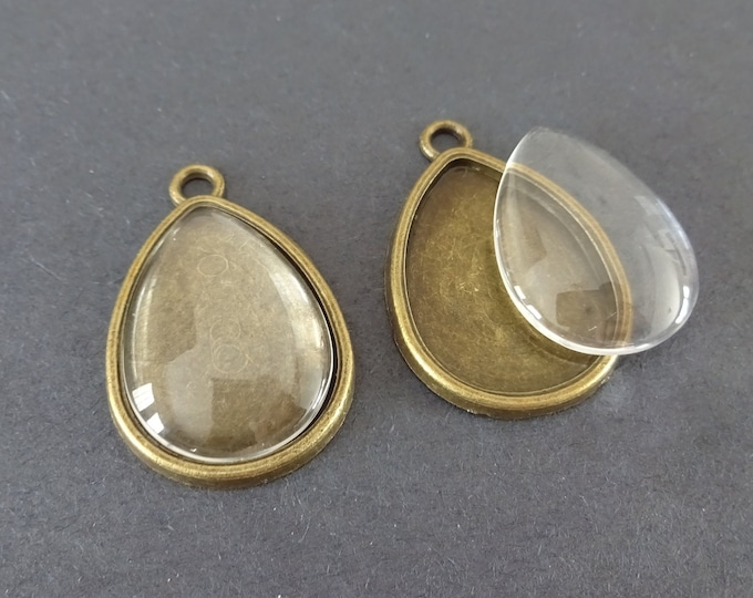 25x18mm Pear Alloy Pendant Setting with Half Pear Glass Cabochon, 32.5x22mm Overall Size, Round Setting, Bronze Colored Metal Setting, Glass