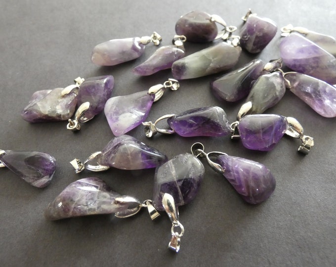 26-30mm Natural Amethyst Pendant With Brass Bail Loop, Polished Birthstone Nuggets, Crystal Pendant, Purple & Silver Metal, Amethyst Crystal