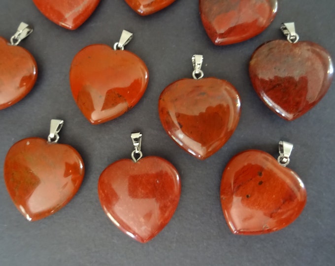 27-28mm Natural Red Jasper Pendant With Brass Loop, Deep Red Heart Charm, Jasper Crystal Pendant, Jasper Charm, Silver Loop, Gemstone Heart