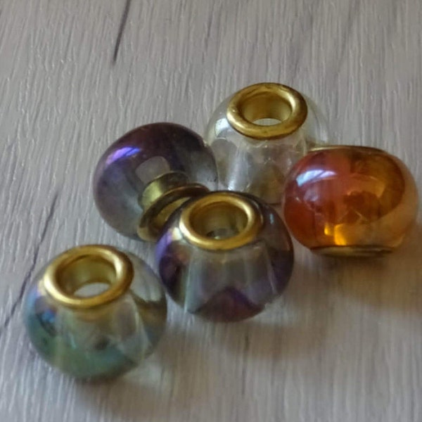 15x11mm Glass & Metal European Rondelle Beads, Double Core, Large Hole Beads, 5mm Hole, Mixed Color, Metal Rondelles, Transparent Colors