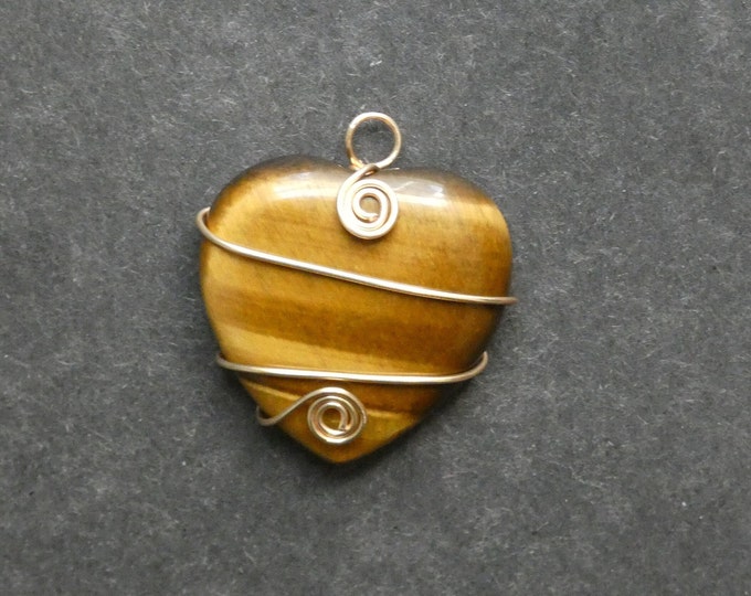 35x31mm Natural Tiger Eye Pendant, Copper Wire Wrapped Pendant, Large Heart Charm, Brown, One of a Kind, Gemstone Heart Pendant, Unique