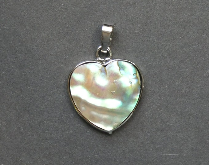 25mm Natural Abalone & Paua Shell Pendant, Platinum Tone Brass Bail, Polished Gem, Large Charm, Gemstone Jewelry, Shell Heart, Heart Pendant