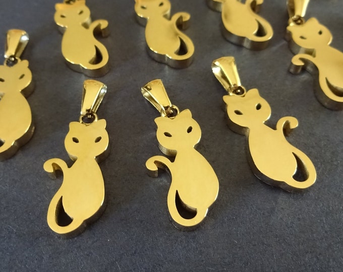 22mm Ion Plated 304 Stainless Steel Cat Charm, With Loop, Shiny Gold Cat Pendant, Halloween Pendant, Minimalist Chic Cat Jewelry Charm