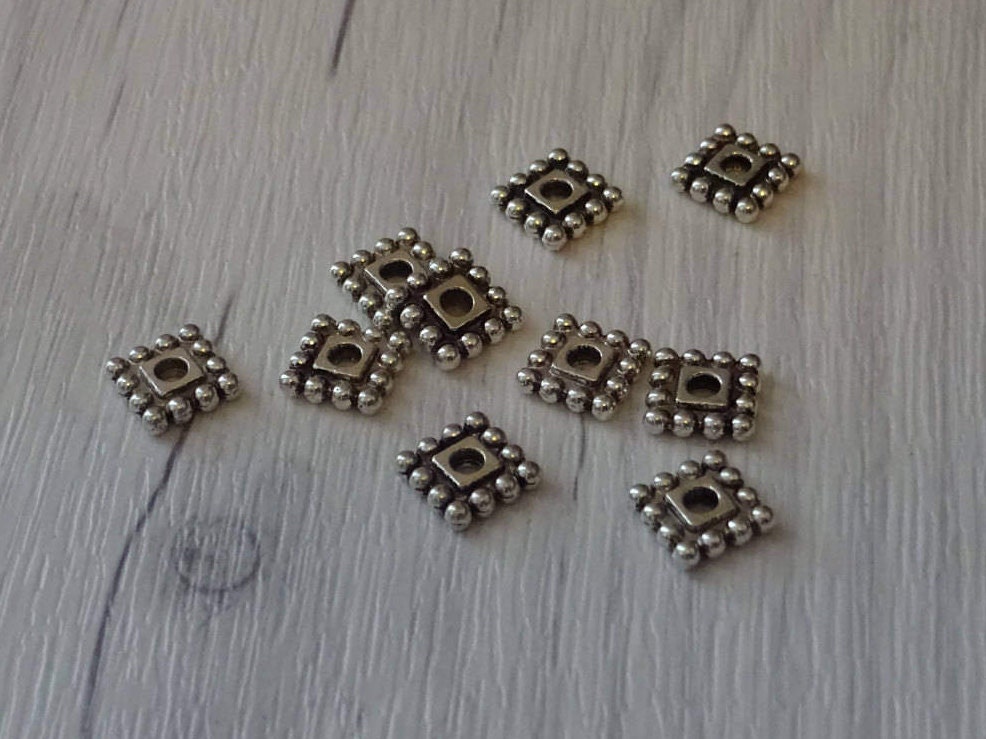 7mm Antiqued Square Spacer Beads, 7mm Square Beads, Antique Silver