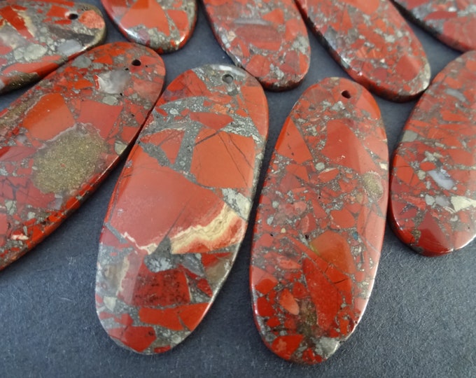 50x20mm Assembled Pyrite and Red Jasper Pendant, Drilled, Unique Pendant, Gold and Red Pendant, Large Oval Pendant, Drilled Oval Pendant