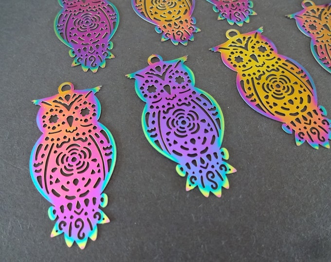 5 PACK 48.5mm 201 Stainless Steel Filigree Owl Pendant, Multi Color Pendant, Filigree Pendant, Stainless Steel, Rainbow Metal, Oil Slick