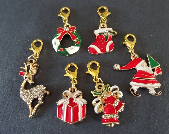 6 PIECE 30-43mm Metal & Rhinestone Christmas Pendant Set, With Clasps, Mixed Christmas Charms, Santa, Reindeer and More!, Xmas Charm Lot