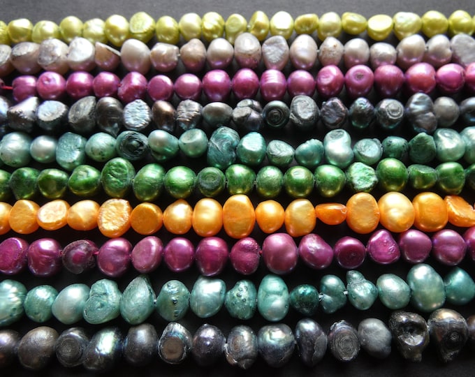 5 Pack 14 Inch Strands Of Natural Freshwater Pearl Beads, Dyed, About 62 Beads Per Strand, 6-7mm Flat Sided Potato, Mixed Colors, Mixed Lot