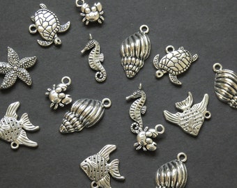 30 PACK of Mixed Sea Animal Pendants, Tibetan Style Metal Pendant, Metal Sea Pendant, Silver Animal Pendant, Silver Metal Pendant, Sea Life