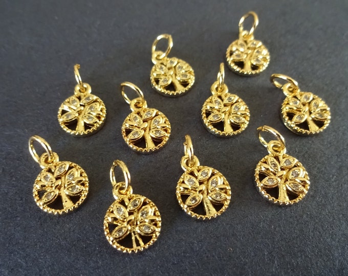 10x8mm Cubic Zirconia Micro Pave Brass Tree Charms, With Loops, Gold Tree Rhinestone Charm, Clear Color Rhinestones, Sparkly Pendants