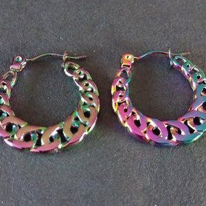 Stainless Steel Rainbow Curb Chain Hoop Earrings, Hypoallergenic, Ion Plated, Round Hoop, Set Of Rainbow Earrings, 22x21mm, Chain Link Hoops