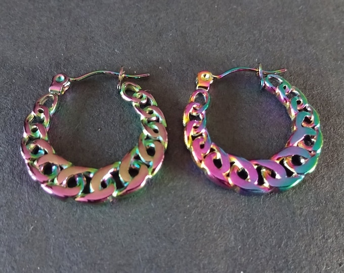 Stainless Steel Rainbow Curb Chain Hoop Earrings, Hypoallergenic, Ion Plated, Round Hoop, Set Of Rainbow Earrings, 22x21mm, Chain Link Hoops