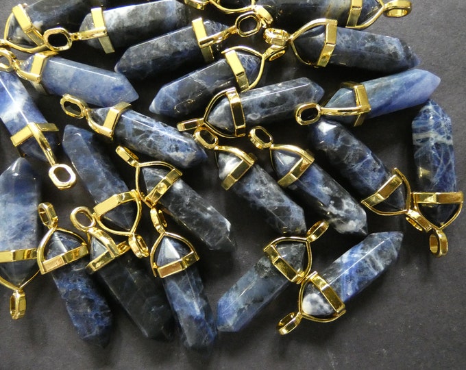 37-40mm Natural Sodalite Pendant With Alloy Metal, Faceted, Bullet Shaped, Polished Gem, Jewelry Pendant, Blue Marbled Stone & Golden Metal