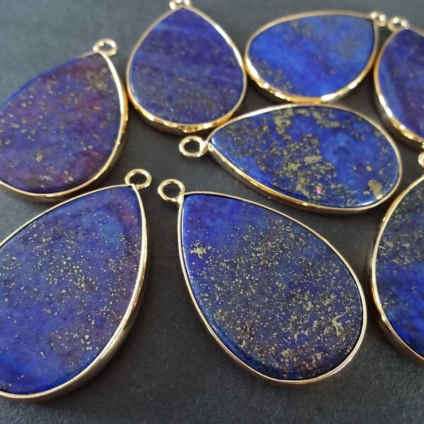 30mm Natural Lapis Lazuli Gemstone Pendant, Dyed, Brass Findings, Teardrop Pendant, Golden Specks, Polished Mineral Stone, Blue Stone Cab