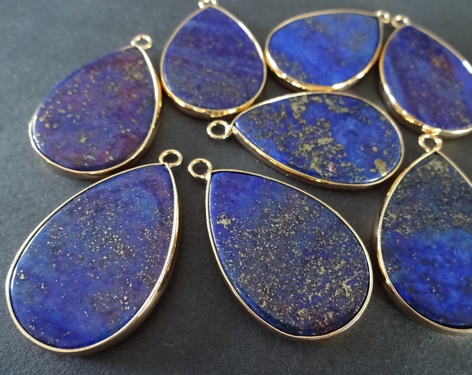 30mm Natural Lapis Lazuli Gemstone Pendant, Dyed, Brass Findings, Teardrop Pendant, Golden Specks, Polished Mineral Stone, Blue Stone Cab