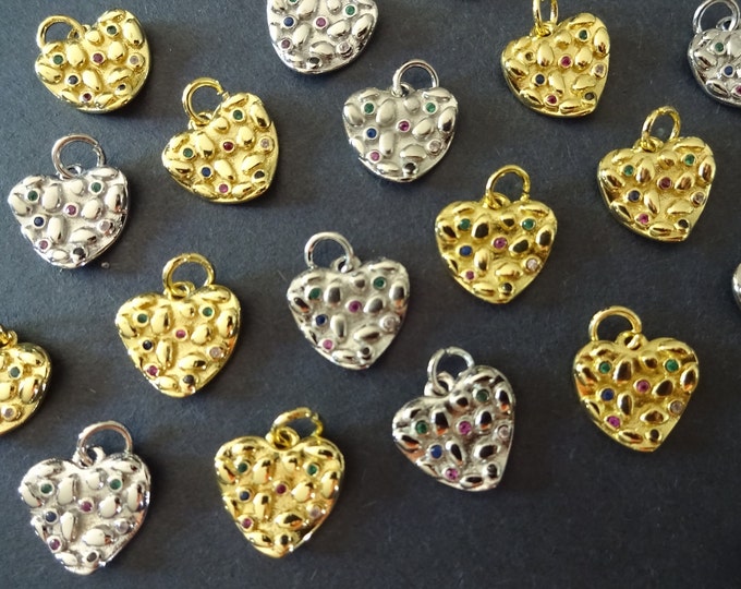 5 PACK Of 12x12mm Micro Pave Cubic Zirconia & Brass Pendants, Silver and Gold Hearts, Mixed Color Cubic Zirconias, Chic Heart Charm and Loop