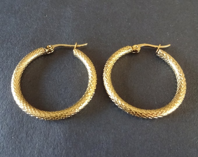 Stainless Steel Gold Snake Skin Hoop Earrings, Hypoallergenic, Vacuum Plated Round Hoops, Textured Pattern, Set Of Gold Earrings, Gold Hoops