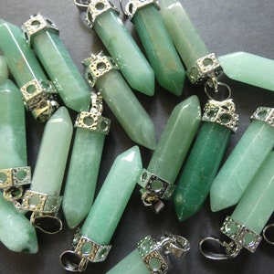 44mm Natural Green Aventurine Pendant With Brass, Faceted, Bullet Shaped, Polished Gem, Gemstone Jewelry Pendant, Light Green & Silver
