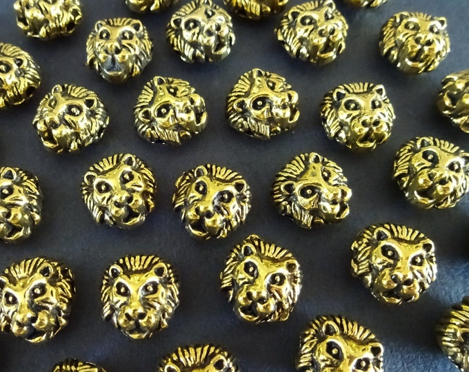 10 PACK 12x13mm Lion Head Metal Beads, Antiqued Gold, Drilled Metal Lions, Animal Bead, Charm Bead, Engraved Lion Beads, Cat Beads
