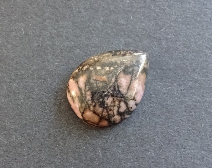 30x22mm Natural Rhodonite Teardrop Cabochon, Black & Pink, One 0f A Kind, Unique, As Seen In Image, Only One Available, Pink Mineral Cab