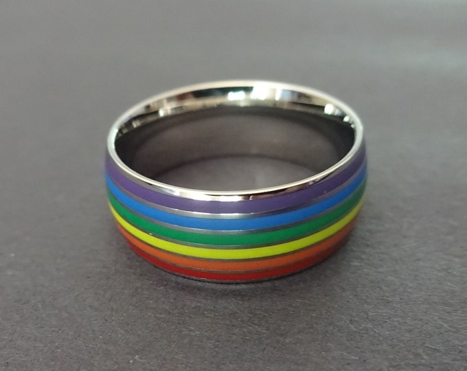 Stainless Steel Rainbow Pride Ring, Rainbow Ring, Sizes 7-12, Handcrafted Steel Ring, 8mm Band, Striped Rainbow Band, LGBTQ Wedding Band