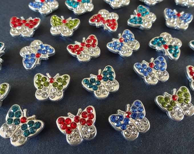 14x10mm Alloy Metal Butterfly Rhinestone Beads, Mixed Color Rhinestones, Butterfly Beads, Jewelry Butterflies, Sparkly Bead,  2mm Hole