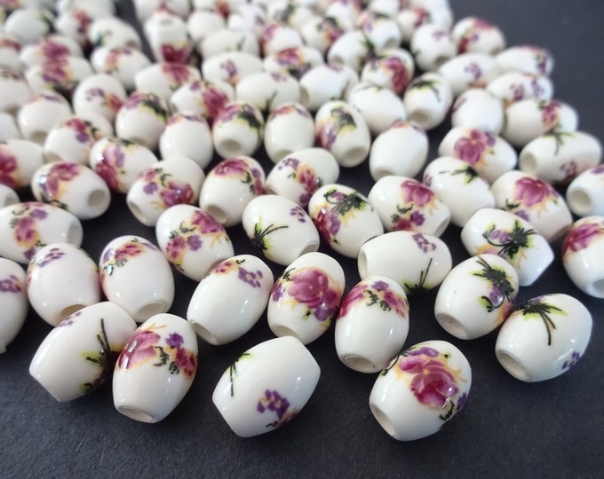 10.5x8mm Porcelain Floral Barrel Beads, Hand Painted Barrel Bead, Porcelain Flower Beads, Handcrafted Barrel Spacer, White and Violet Purple