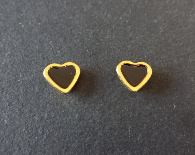 Stainless Steel & Enamel Heart Stud Earrings, Gold and Black, Hypoallergenic, 7.5mm, Set Of Earrings, Heart Earrings, Valentine's Day Studs