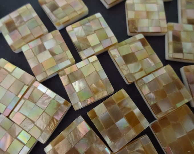 14x15mm Natural Shell Cabochon With Resin Bottom, Square Shape, Beige Seashells, Square Cab, Mosaic Pattern, Undrilled Shell Cab