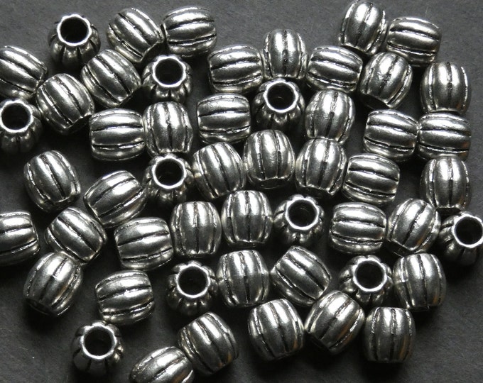 9x9.5mm Alloy Metal Melon Beads, Rounded Lined Design, Antiqued Silver Color, Cylinder Engraved Barrel Beads, 3.8mm Holes, Bohemian Style