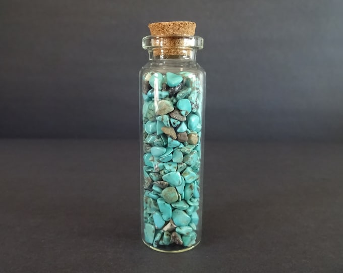 Glass Crystal Chip Jar with Synthetic Turquoise Chips, Blue Dyed Howlite, 22x71mm Glass Jar, Decoration or Pendant Piece, Cork Stopper