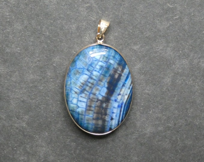 46x31mm Natural Fire Agate Pendant with Golden Brass Findings, Blue, Dyed, Large Oval, Gemstone Pendant, One of a Kind, Unique Agate Stone