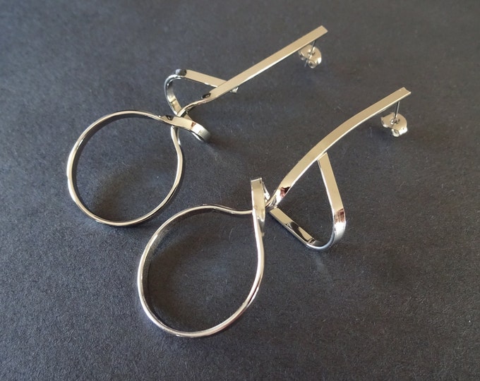 Stainless Steel Twisted Drop Stud Earrings, Hypoallergenic, 68mm, Set Of Earrings, Long Drop Earrings, Silver Color Studs