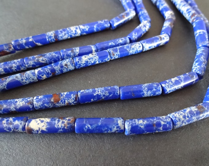 13-14mm Blue Regalite Column Beads, Dyed & Heated, 16 Inch Strand, About 30 Dark Blue Gemstone Beads, Marbled, Swirled, Stone Column