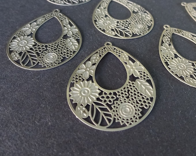 5 PACK 38.5mm 201 Stainless Steel Floral Teadrop Pendant, Silver Color Pendant, Filigree Pendant, Stainless Steel, Filigree Design Pendant