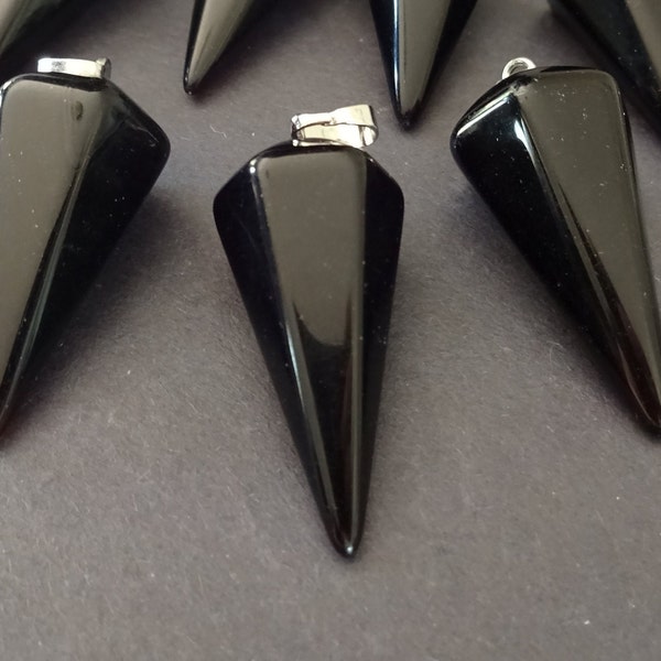 39-41mm Natural Black Agate Dowsing Pendulum Pendant, Brass Loop, Healing Stone Pendant, Black Crystal Pendulum, Pointed Bullet Pendant