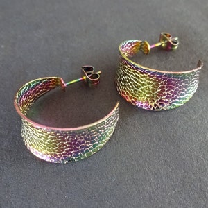 Stainless Steel Rainbow Textured Half Hoop Earrings, Hypoallergenic, Ion Plated, Round Hoops, Set Of Rainbow Earrings, 21x12mm, C Shape Hoop