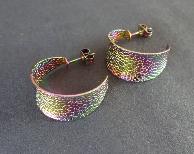 Stainless Steel Rainbow Textured Half Hoop Earrings, Hypoallergenic, Ion Plated, Round Hoops, Set Of Rainbow Earrings, 21x12mm, C Shape Hoop