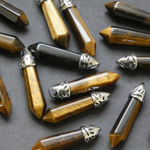 33-40mm Natural Tiger Eye Pendant With Alloy, Faceted, Bullet Shaped, Polished Gem, Gemstone Jewelry Pendant, Golden Brown and Silver Metal