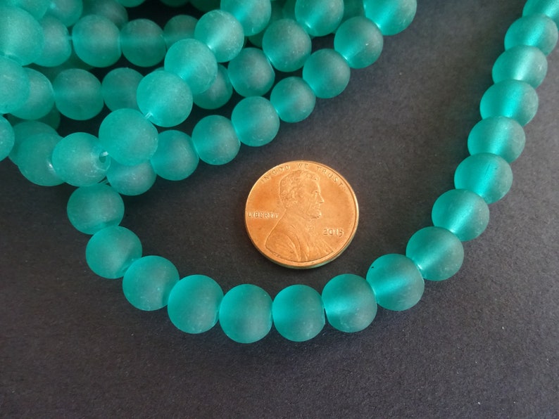 8mm Green Glass Frosted Bead Strand, About 105 Beads Per Strand, Round, 31 Inch Strand, Cool Ball Bead, Sea Green, Teal, Transparent, Basic image 2