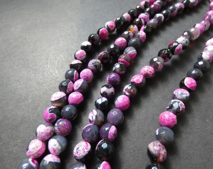 8mm Natural Fire Agate Faceted Bead Strand, Pink and Black, Dyed and Heated, About 47 Beads, 15 Inch Strand, Ball Bead, Round, Faceted