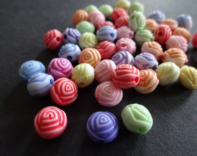 8mm Rose Ball Bead, Textured Bead, 8mm Bead, Floral, Flower, Rainbow Flowers, Mixed Lot, Round, Detailed Roses, Colorful