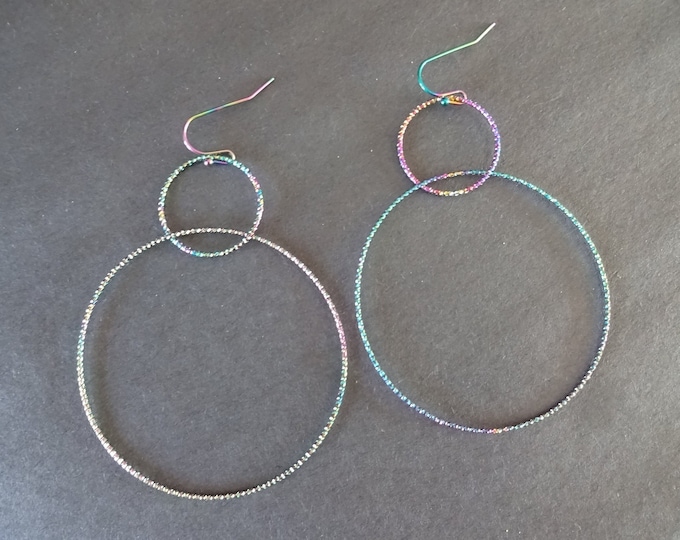 Stainless Steel Rainbow Double Hoop Dangle Earrings, Hypoallergenic, Vacuum Plated, Large Round Textured Hoops, Set Of Earrings, 75mm