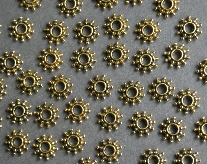 100 PACK 9mm Flower Alloy Metal Bead, Shiny Gold Color, Antiqued Style, Studded Design, Small Daisy Spacer, Tiny Snowflake Gold Spacer Bead