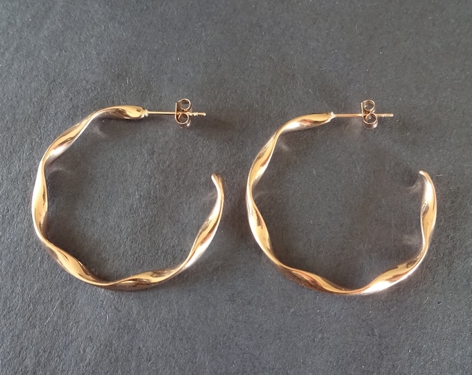 Stainless Steel Rose Gold Wave Hoop Earrings, Hypoallergenic, C Shape Hoop, Twisted Hoops, Set Of Earrings, 35.5mm, Elegant Hoops