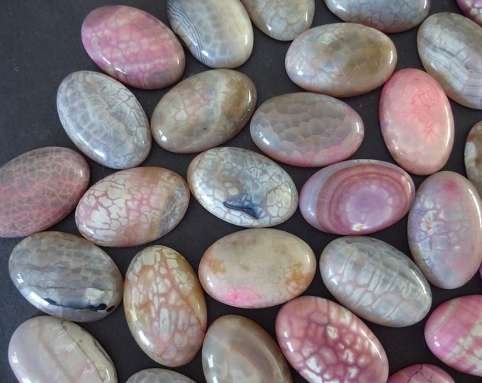 30x20x7mm Natural Fire Agate Gemstone Cabochon, Dyed, Pink & Gray, Oval Cabochon, Polished Stone Cabochon, Natural Agate Stone, Crackled