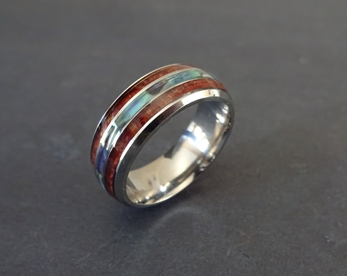 Titanium Steel & Shell Ring, 8mm Band, Handcrafted Steel Band, Silver, Brown and Blue, Shell Ring, Opalescent Shell Band, Size 7-13